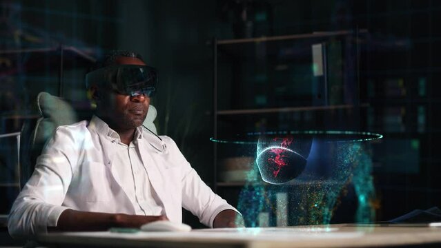 Confident mature african doctor with VR glasses looks at hologram of the lungs of patient with an inflammatory process using augmented reality indoors Virus 3d animation Futuristic digital concept - Powered by Adobe
