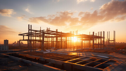 building construction site with scaffolding and crane.