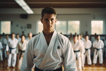 Fototapeta premium young man performing a karate asian martial arts training in a dojo hall
