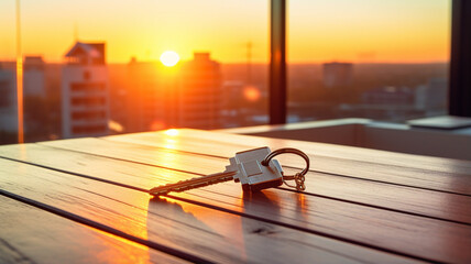 Naklejka premium sunset view on the table with the city and the key