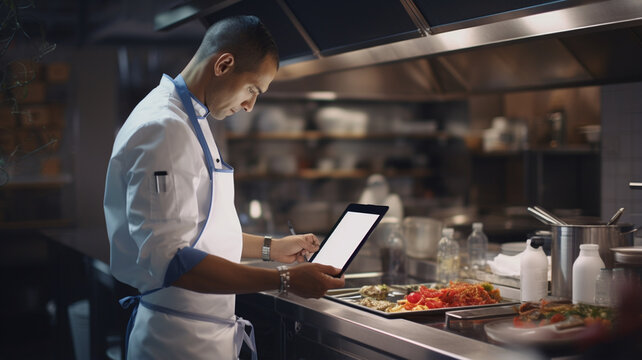professional chef in uniform preparing a dish in a modern kitchen