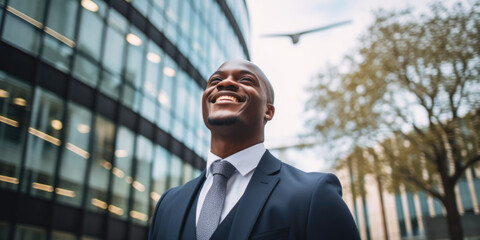 Fototapeta premium Happy black businessman in City of London. Concept of business, success and entrepreneurship.