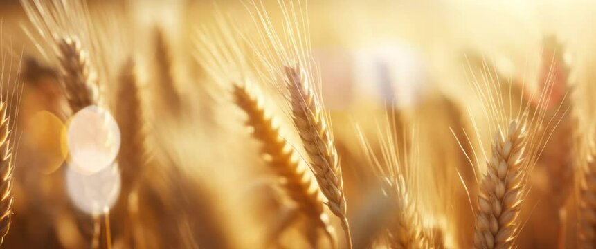 Anamorphic video a golden wheat field in the at sunset. Nature landscape concept. Countryside. Close-up. Blurred background