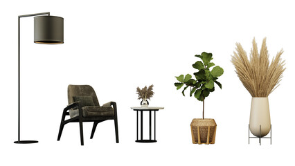 Interior furniture set 3D render. Living room house floor template background mockup design , isolated on transparent background