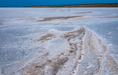 Self-precipitating table salt sodium chloride on the surface of a dried-up reservoir - Kuyalnik estuary, Odessa region, Ukraine