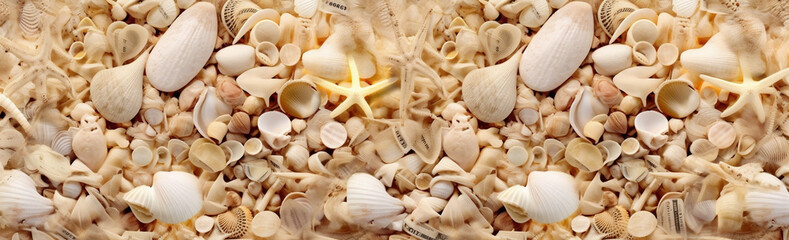 shell nature tropical holiday summer sea ocean sand beach banner. Generative AI.