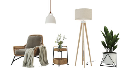 Interior furniture set 3D render. Living room house floor template background mockup design , isolated on transparent background