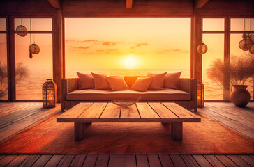 Sofa Set on Table with Sun at Sunset: Outdoor Relaxation