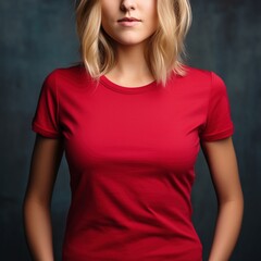 female wearing plain red tshirt for mock up view from chin to waist