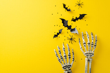 Immerse in the shivers of Halloween night frights. High-angle snapshot featuring a skeleton hands...