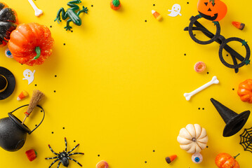 Festive trick or treat adventure for kids. Overhead shot displaying halloween-themed candies and...