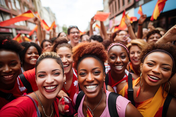 Happy women smile as they pose for a photo during march to mark the International Women's Day. Afro American, Brazilian women. Women on the march for equal rights. - 642416086