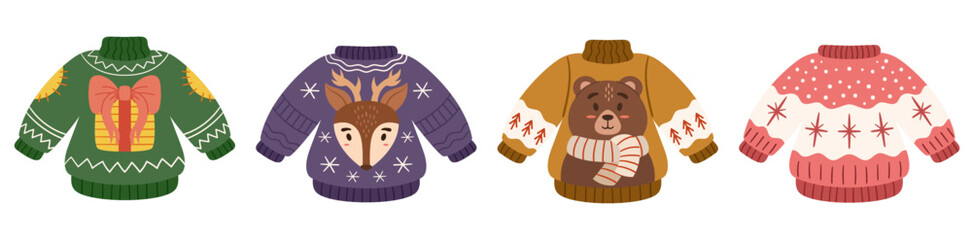 Ugly sweater party. Merry Christmas collection with funny sweaters. Big set with hand drawn falt holidays pullover - bear, deer, giftbox and snowflake pattern