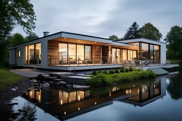 View of modern eco house in minimal nordic style with green lawn on blue sky background,Contemporary residence design. 3D rendering