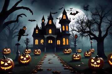 A dark sky with bright moon, below are a bunch of dead trees and smiling pumpkins, Halloween Background.
