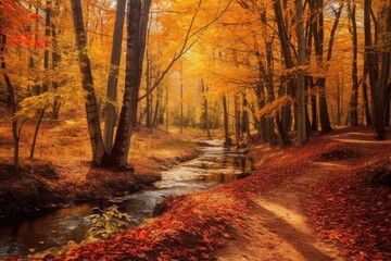 "Tranquil Autumn Woods: A Beautiful Canvas". Digital Poster. Ai generated.