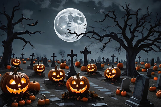 A group of pumpkins laughing, in a graveyard with dead trees underneath a big bright moon(Happy Halloween)