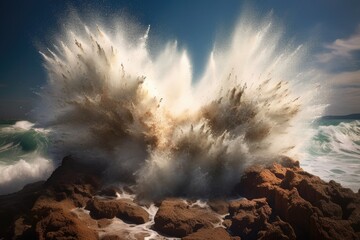 Nature's Fury: Crashing Wave and Rock". Digital Poster. Ai generated.