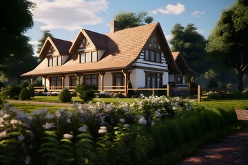 Naklejka premium View of village eco house in minimal traditional Nordic style with green lawn on blue sky background,Contemporary residence design. 3D rendering