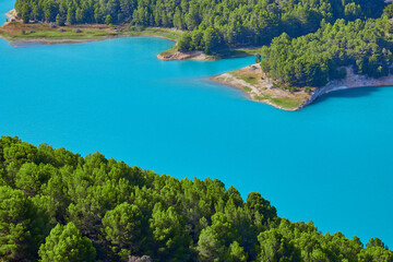 Top view of Guadalest reservoir, beautiful landscape with turquoise water. Guadalest, Valencia, Spain.