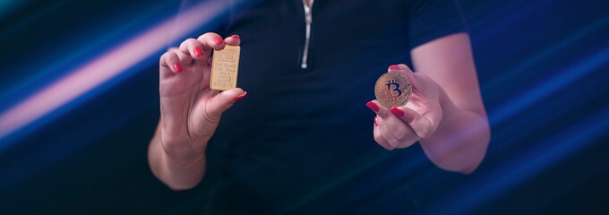 Woman holding gold and a bitcoin symbol on a business futuristic background