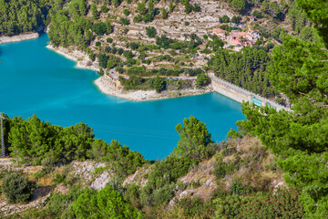 Top view of Guadalest reservoir, beautiful landscape with turquoise water. Guadalest, Valencia, Spain.