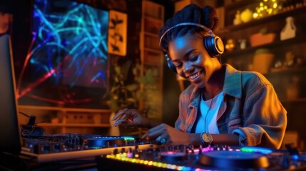Obraz na płótnie Canvas candid an excited DJ young african woman mixing music at turntables with headphones. beautiful Generative AI AIG32