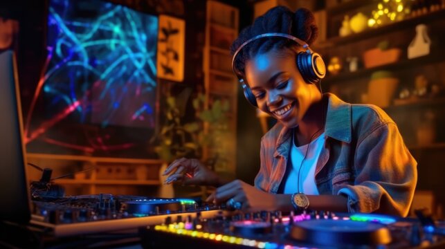 candid an excited DJ young african woman mixing music at turntables with headphones. beautiful Generative AI AIG32