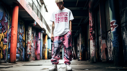 He stands stylishly in streetwear fashion, ready to make a statement.