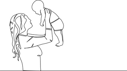 continuous single line drawing of mother holding up her baby, line art vector illustration