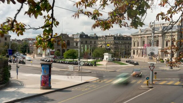 Timelapse of the town square Place de Neuve with blurred car in Geneva