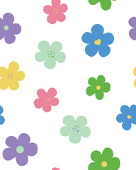 Seamless vector illustration on white background for poster, postcard, banner, textile, wallpaper. Multicolored cute flowers. Design for your print