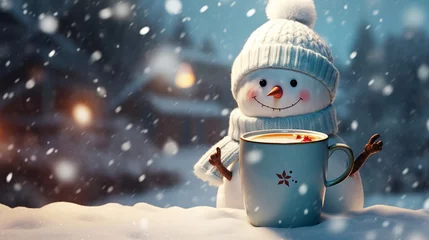 Foto op Canvas Cappuccino cup on winter background with toy snowman © Alexander