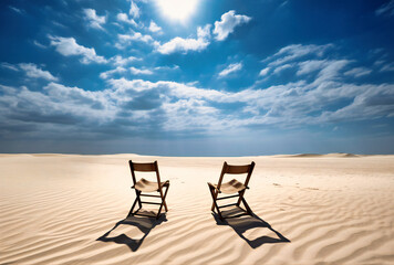 Chairs on Sandy Beach with Blue Sky: Beachside Relaxation
