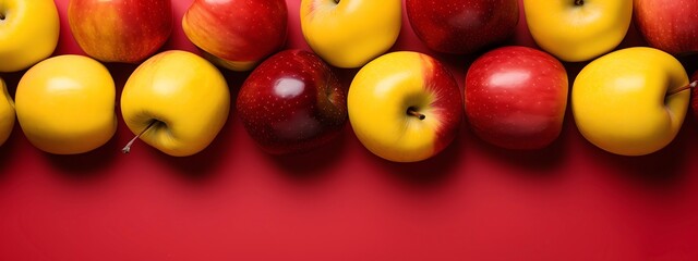 Red and yellow apples on red background