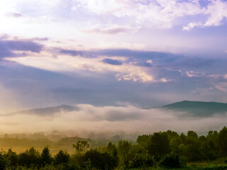 Beskid Zywiecki Mountains covered by morning mist, Poland