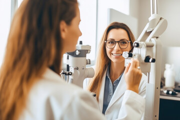 Ophthalmologist with her woman patient during examination of eyes, eye examination appointment - obrazy, fototapety, plakaty