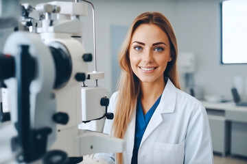 Female ophthalmologist. Examination of eyes, eye examination appointment - obrazy, fototapety, plakaty