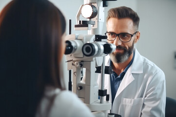 Ophthalmologist with his woman patient during examination of eyes, eye examination appointment