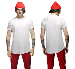 Hipster handsome male model with glasses wearing white blank t-shirt and red pants and a red hat with space for your logo or design over transparent background. Front and back view
