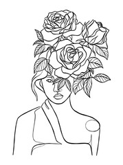 Continuous line drawing of woman with flowers on head. Vector illustration.