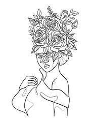 Continuous line drawing of woman with flowers on head. Vector illustration.