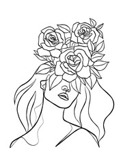 Continuous line drawing of woman with flowers on head. Vector illustration.