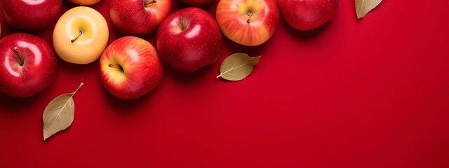 Red apples with leaves on red background