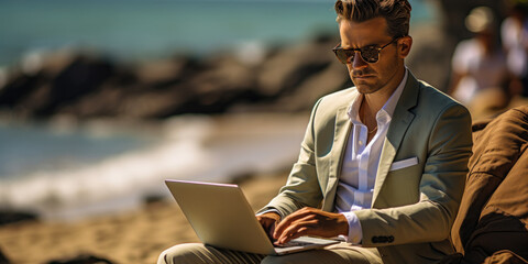 Remote Work Serenity: Businessman's Beachside Laptop Session