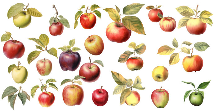 Set of various apples, PNG. Apple with leaf, Generative AI	
