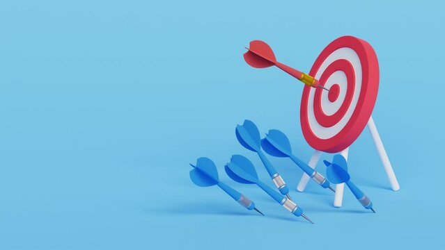 Success after many failures concept, Failure gives experience and makes you successful, Archery target ring with one hitting and many missed arrows. 4k 3d animation