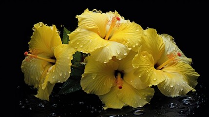 Yellow Hibiscus flowers Isolated on a Black Background. Mother's day concept with a copy space. Valentine day concept with a copy space. Greeting Card Concept.