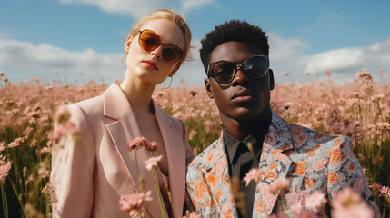 Fashion man and woman in flowers field. Young black man in suit and blond woman in dress in high grass flowers, fashion models. Fashion shoot, togetherness, beautiful people.