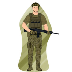 A male soldier in a summer camouflage uniform with a rifle in a helmet and body armor